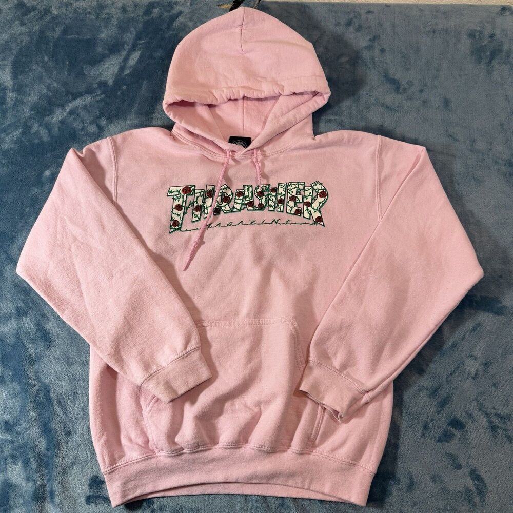 Thrasher Roses Pink Hoodie Size S Skate Magazine Logo Pullover Sweatshirt